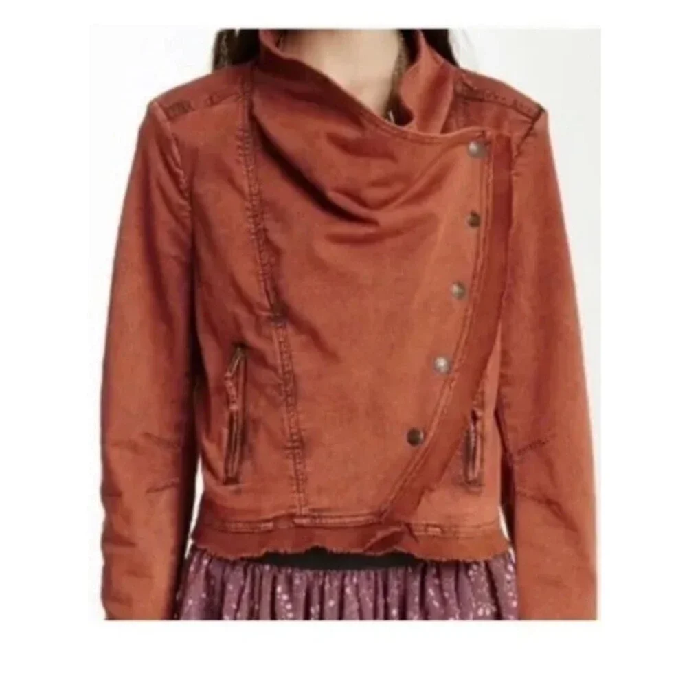Free People Rust Orange Collapsing Twill Raw Hem Moto Jacket Boho Utility Small
